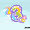 Unicorn Numbers Clipart Rainbow unicorns with birthday numbers, summer animals