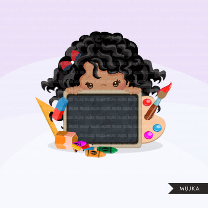 Back to school clipart peeking black students Afro Girl students black board, Education, teaching graphics, PRE-K, grade 1