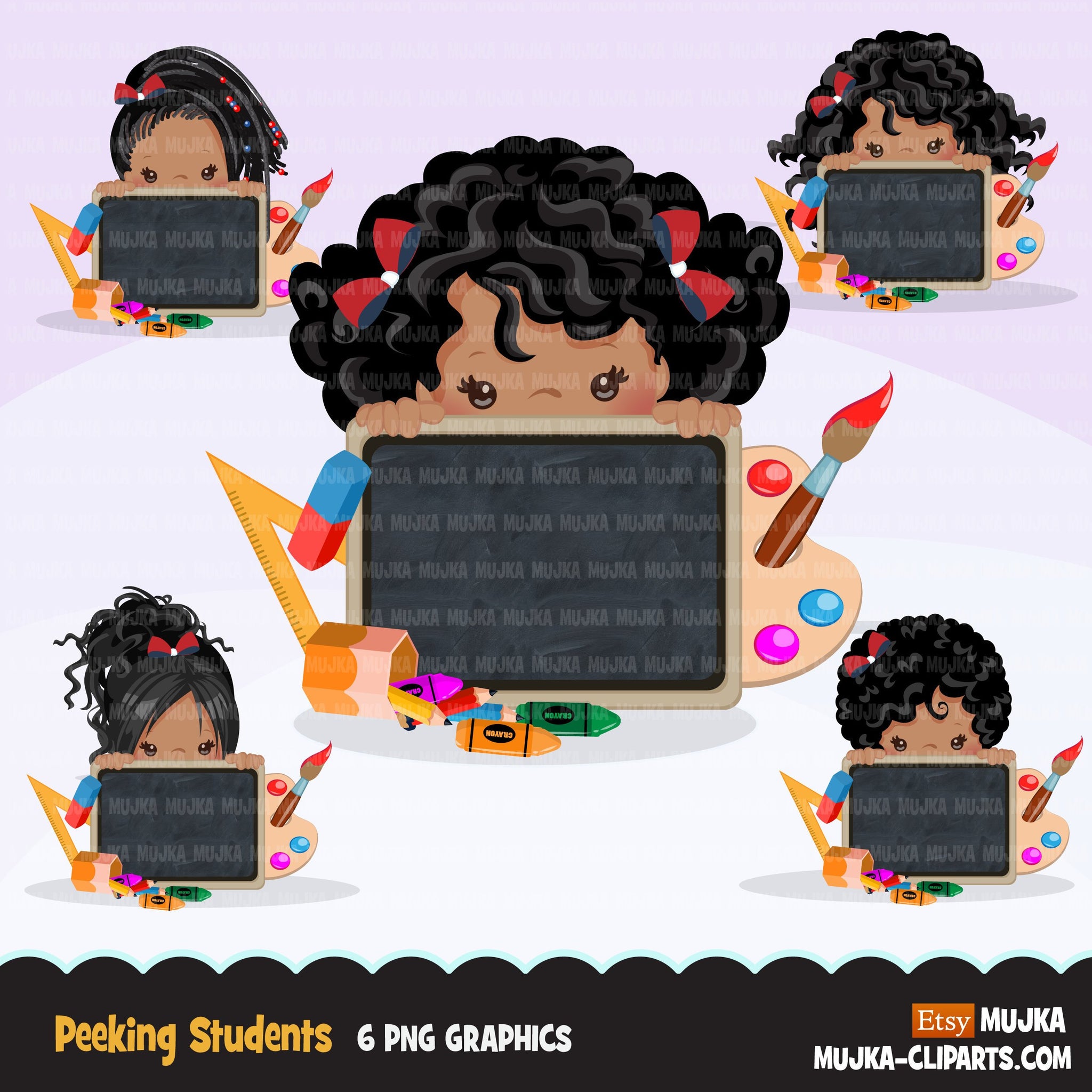 Back to school clipart peeking black students Afro Girl students black board, Education, teaching graphics, PRE-K, grade 1