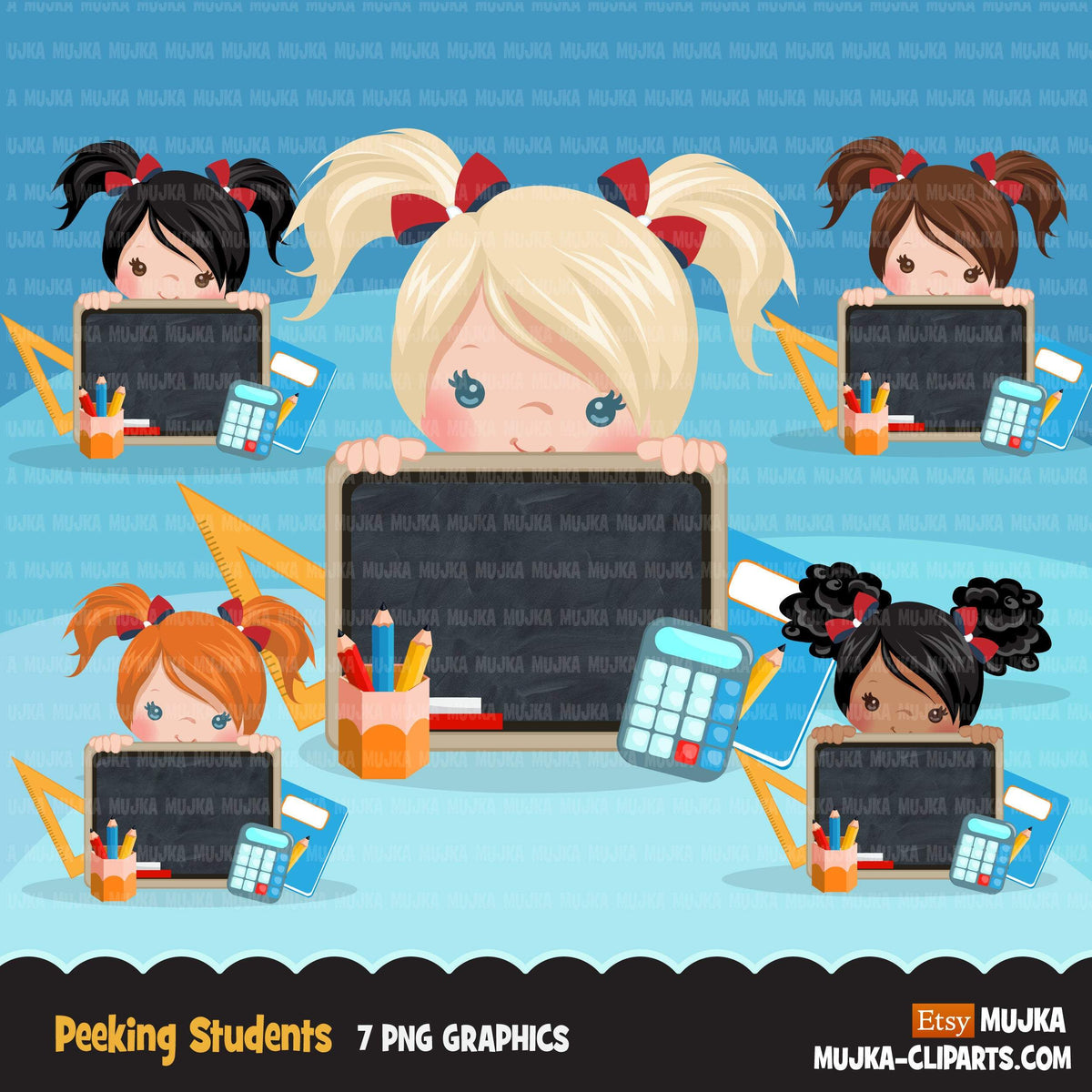 Back to school clipart peeking students Girl with black board, Educati ...