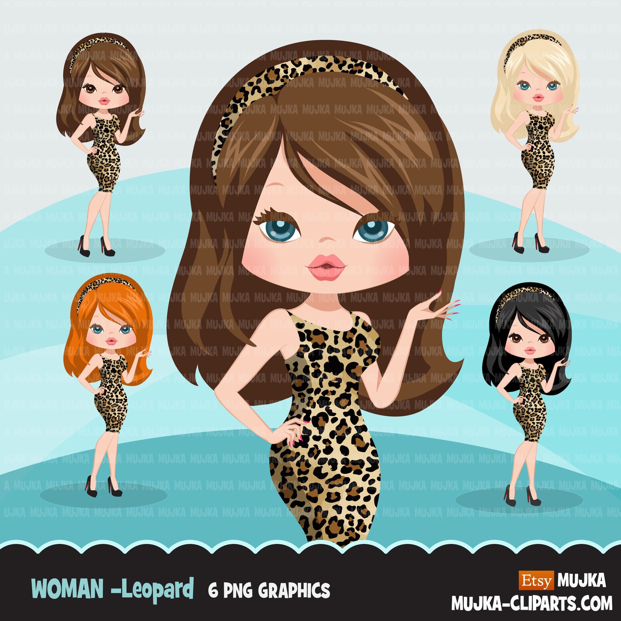 Clipart de mulher com gráficos de avatar de negócios com estampa de leopardo, imprimir e cortar designs de camisetas PNG, clipart de meninas