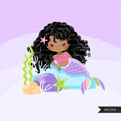 Afro black Mermaid clipart, dark skin black pastel mermaid graphics, girls, summer clip art
