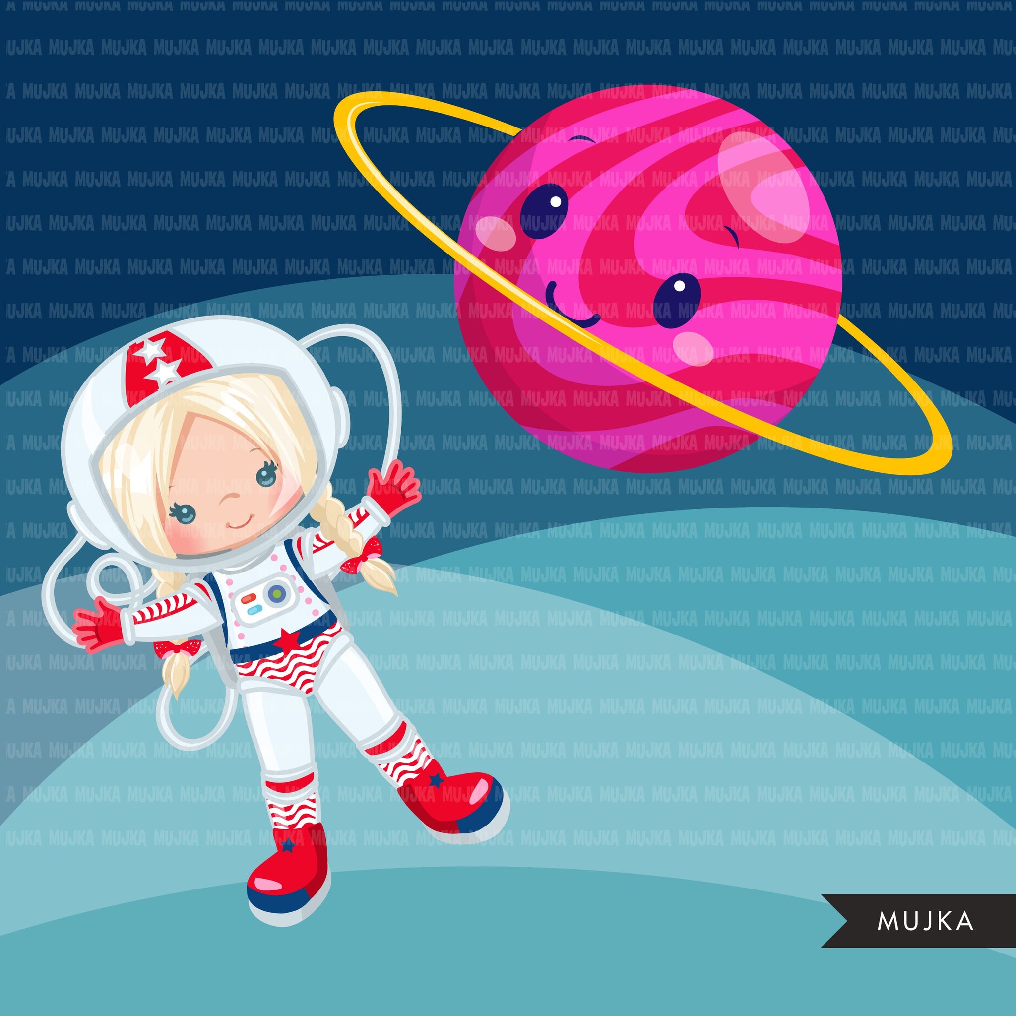 Space solar system clipart with boy and girl astronauts & cute planets