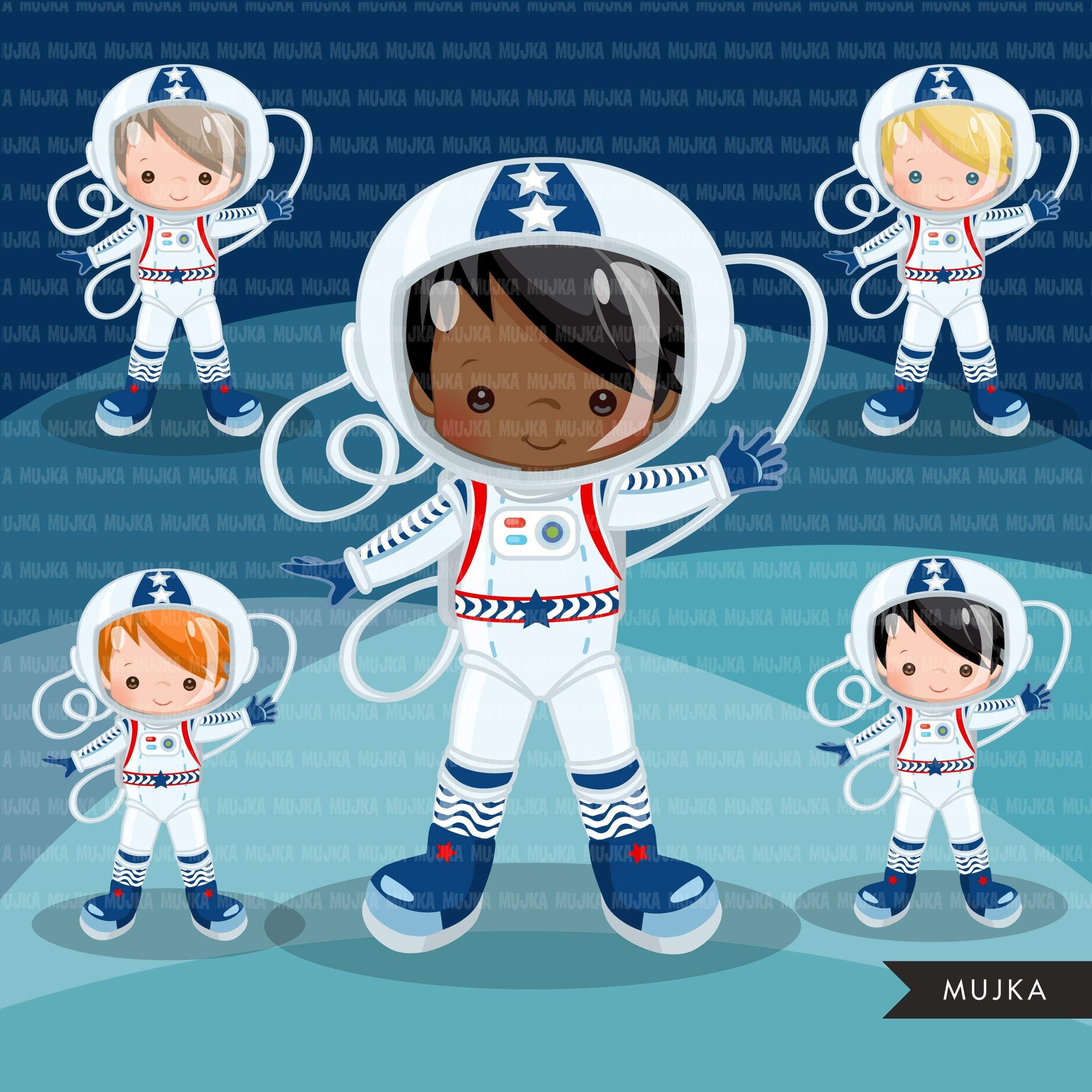 Space solar system clipart with boy and girl astronauts & cute planets