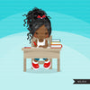 Back to school clipart with black Girl students sitting on a desk