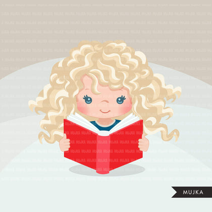 Reading clipart, school activity, back to school student girl graphics, planner sticker, bookworm, reading activity