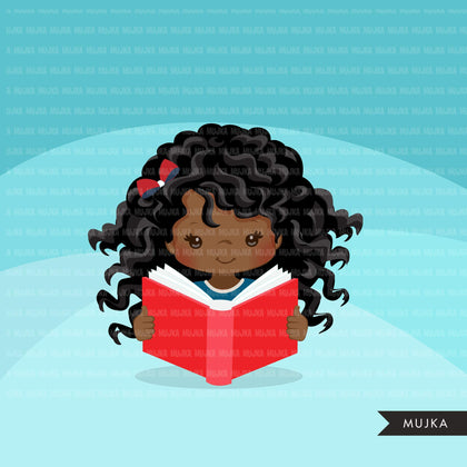 Reading clipart, back to school Afro black student girl graphics, planner sticker, bookworm, reading peek a boo clip art