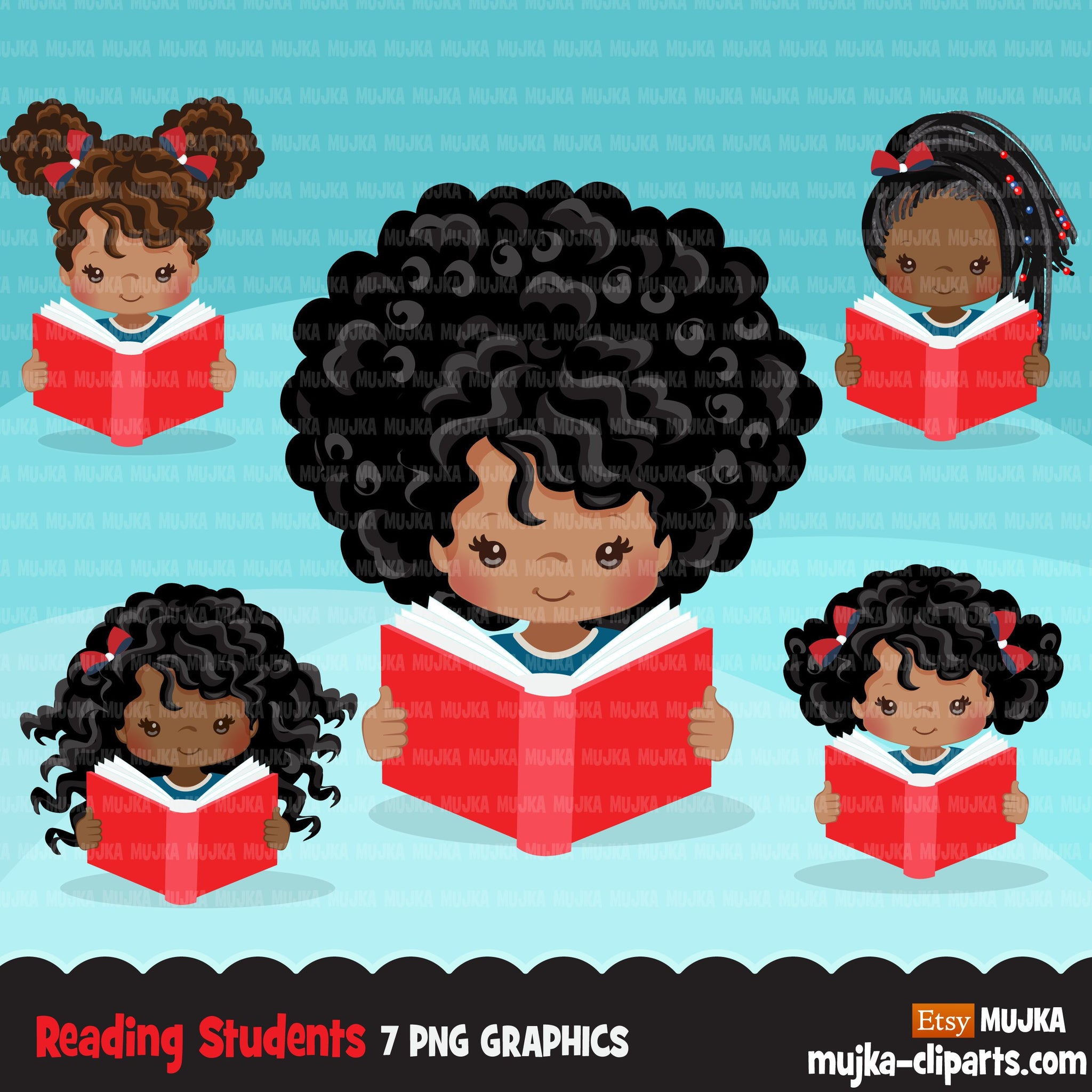Reading clipart, back to school Afro black student girl graphics