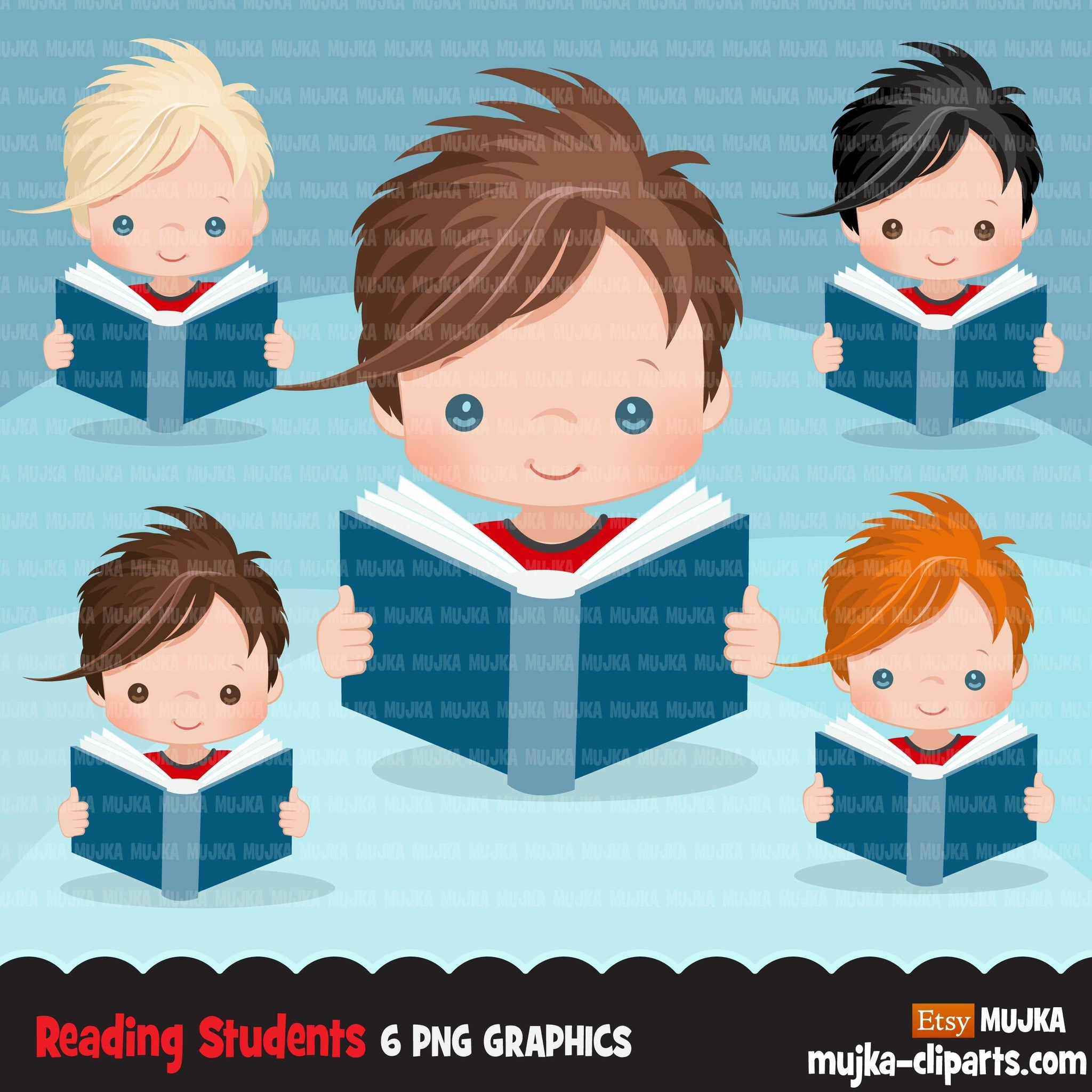 Reading clipart, school activity, back to school student boy graphics, planner sticker, bookworm, reading activity