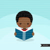 Reading clipart, school activity, back to school student Afro black boy graphics, planner sticker, bookworm, reading activity, dark skin
