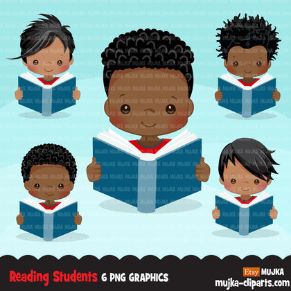 Reading clipart, school activity, back to school student Afro black boy graphics, planner sticker, bookworm, reading activity, dark skin
