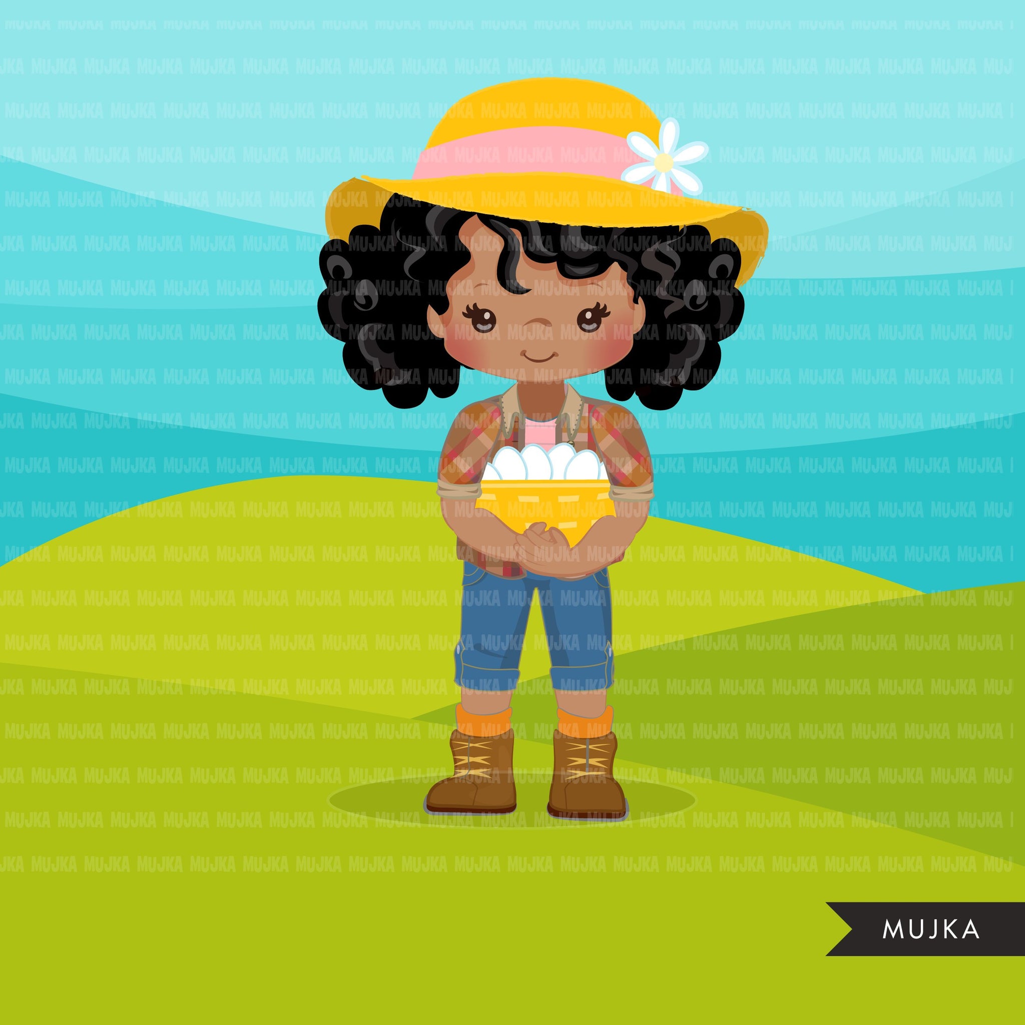 Clipart afro negro de Farmer Girls, personagens de fazendeiro com cesta de ovos, chapéu de fazendeiro, gráficos country, garota country com chapéu