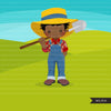 Afro black Farmer Boys clipart, farmer characters with shovel, farmer hat, country graphics, country boy with hat
