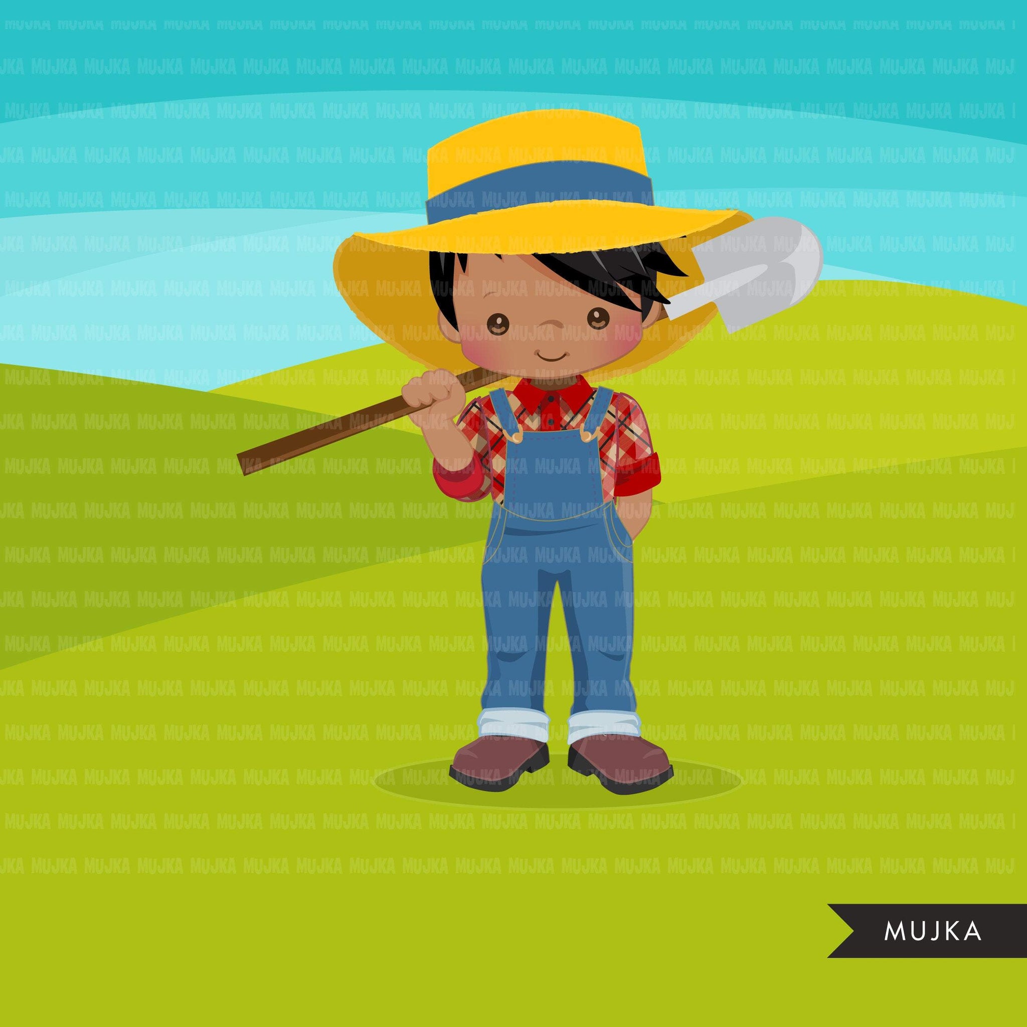 Clipart afro negro Farmer Boys, personagens de fazendeiro com pá, chapéu de fazendeiro, gráficos country, garoto country com chapéu