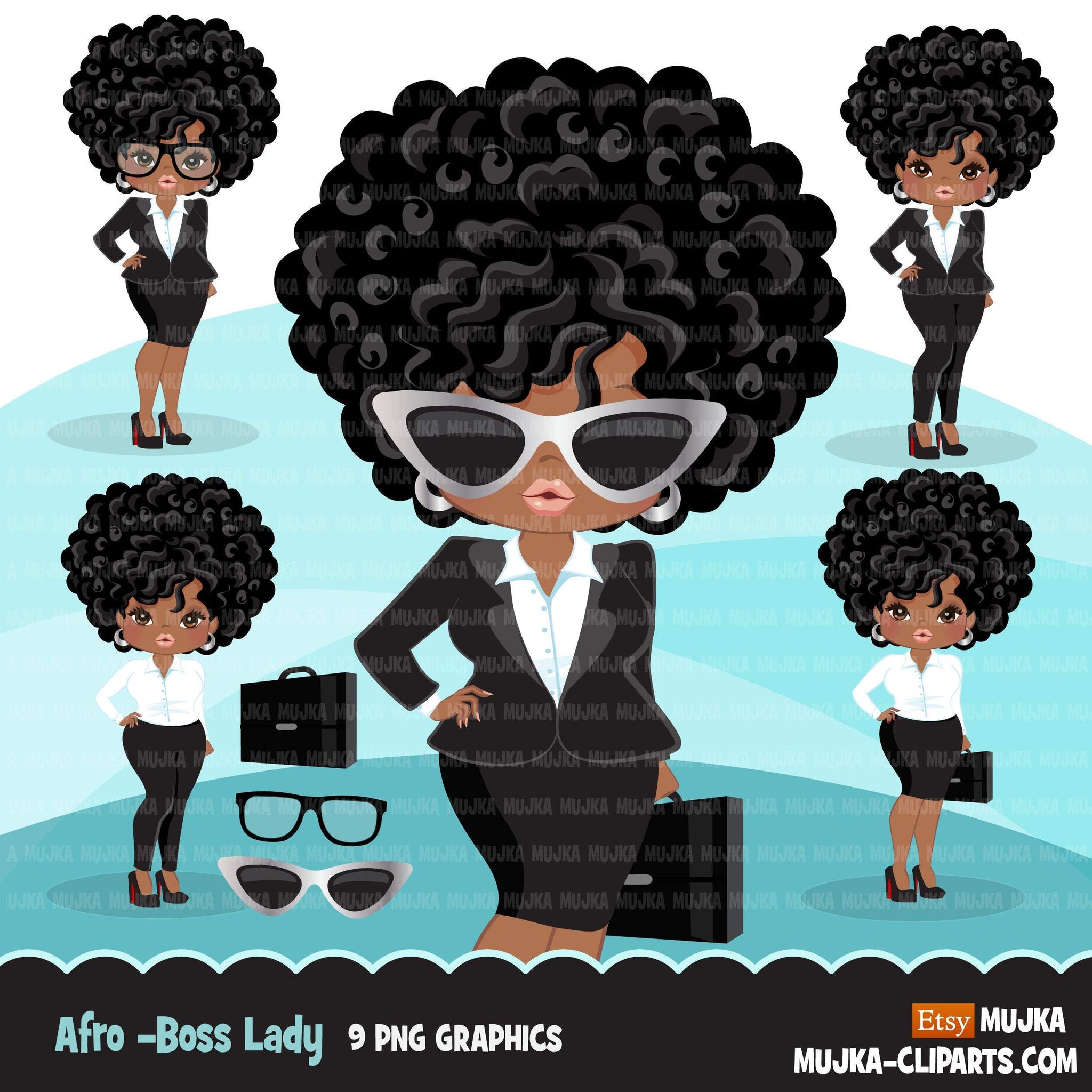 Afro black woman clipart with business suit, briefcase and glasses
