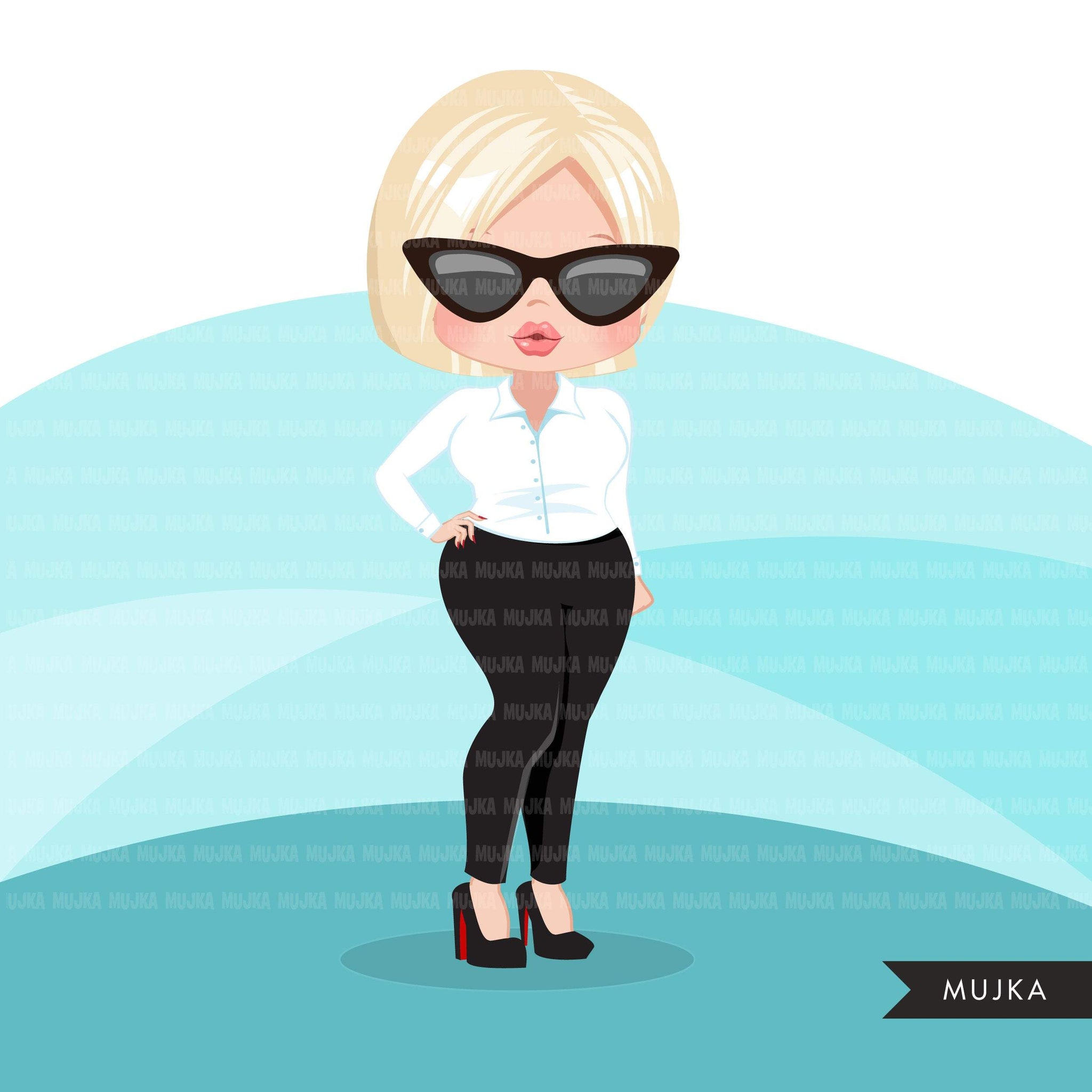 Blonde woman clipart with business suit, briefcase and glasses, girl boss