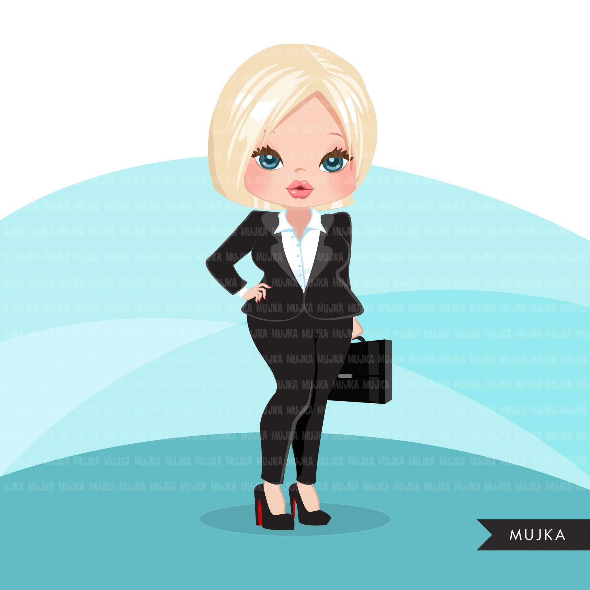 Blonde woman clipart with business suit, briefcase and glasses, girl boss