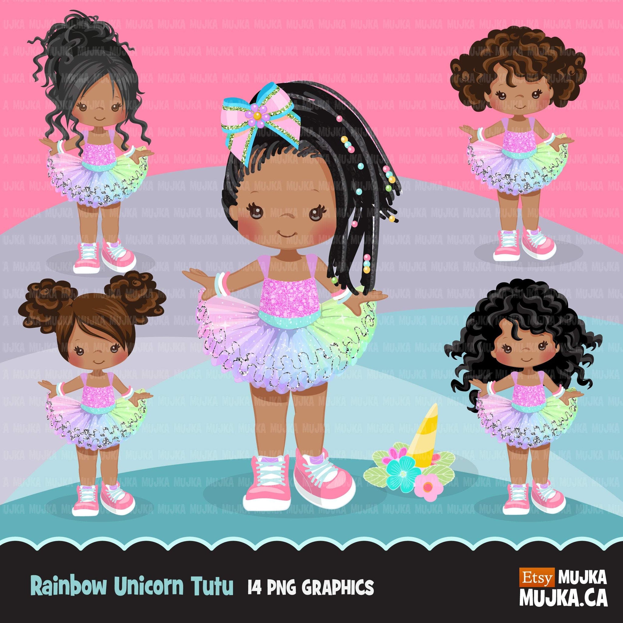 Rainbow Unicorn Tutu Clipart for dark skin girls. Summer spring tutu