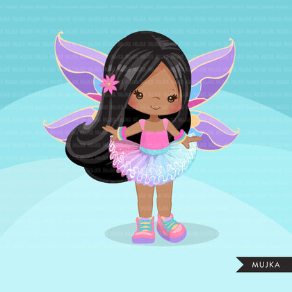 Afro dark skin Butterfly tutu clipart, butterfly wings girl with pastel tutu graphics summer