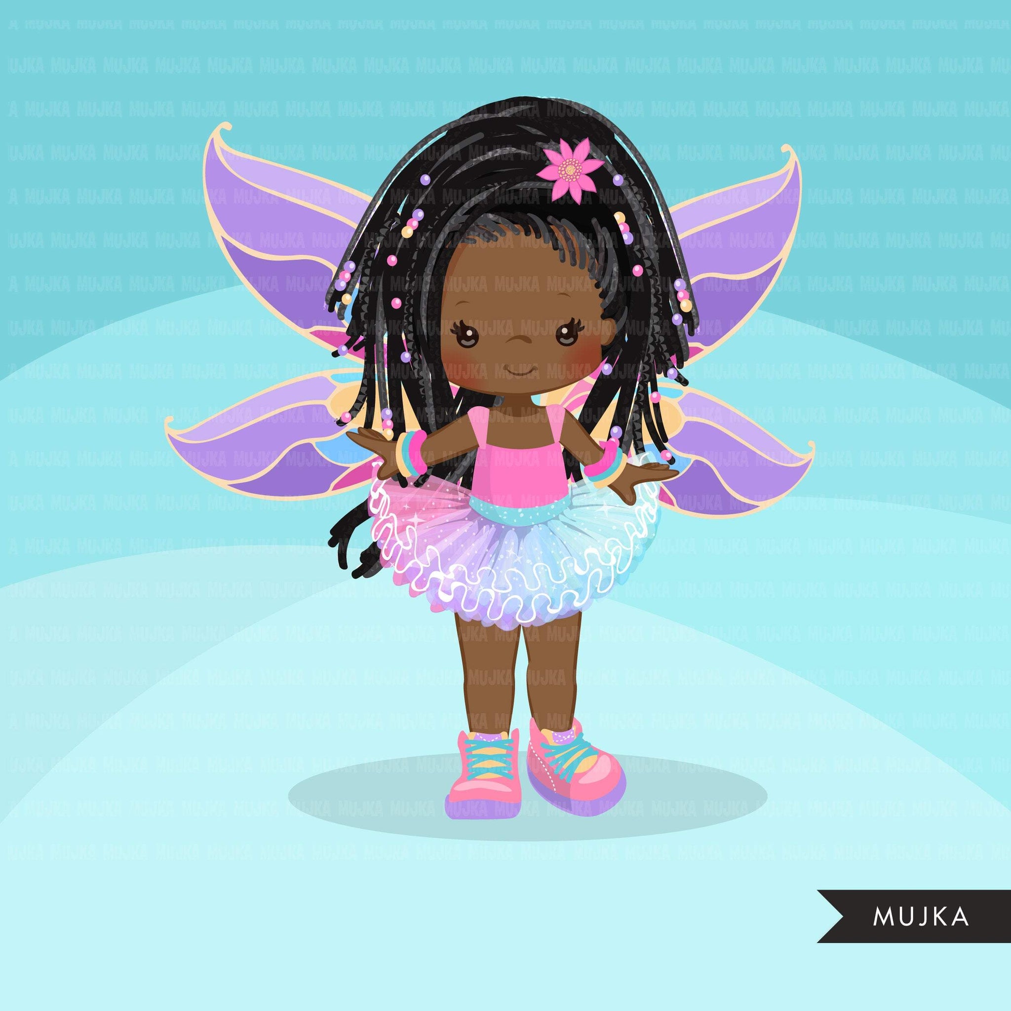 Pele escura afro Clipart de tutu de borboleta, menina com asas de borboleta com gráficos de tutu pastel verão