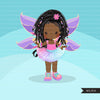 Afro dark skin Butterfly tutu clipart, butterfly wings girl with pastel tutu graphics summer