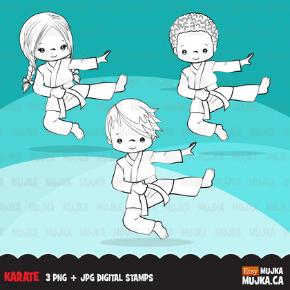 Karate Digital Stamps,  Sports graphics, martial arts line art graphics, boy girl