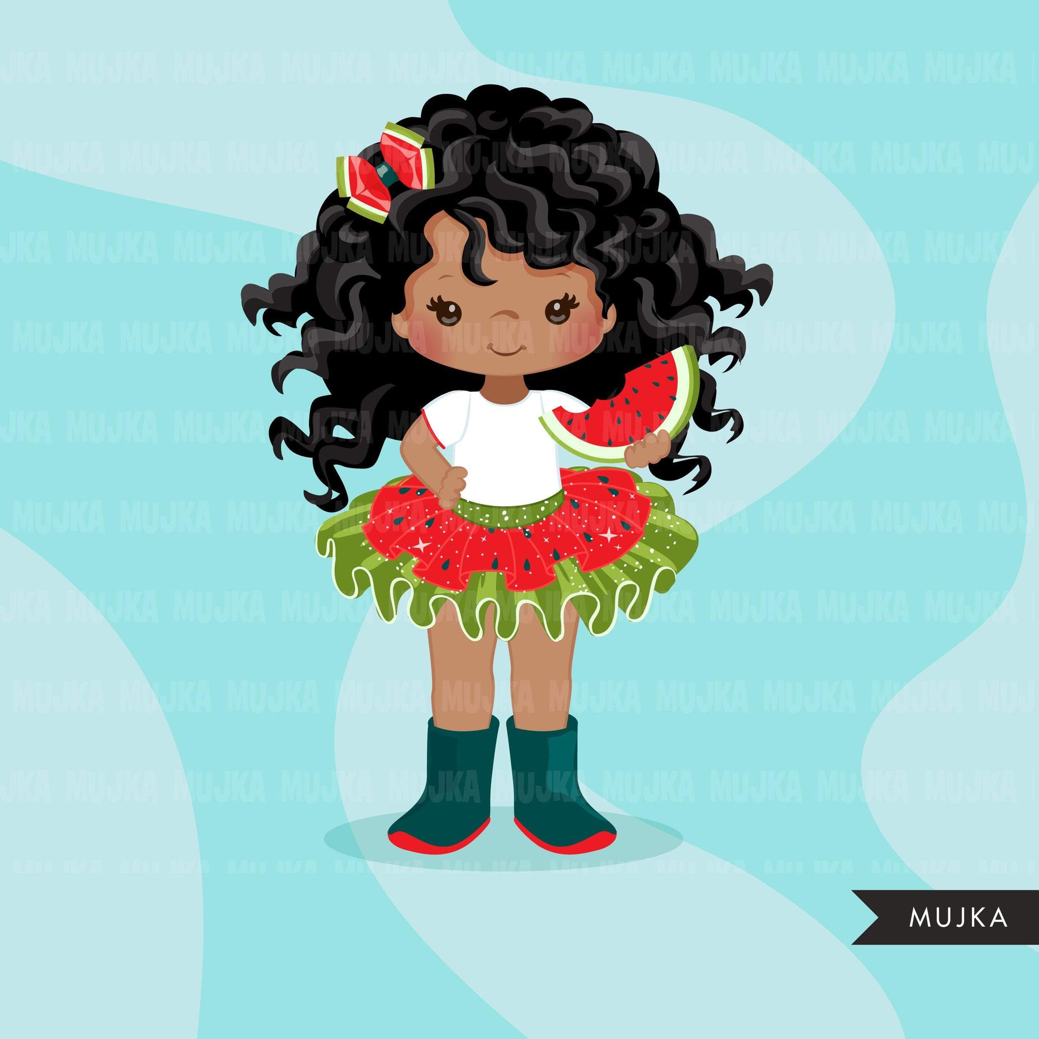 Watermelon Tutu Clipart. Little black girl summer outfits graphics. African American 4th of July