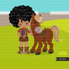 Afro Cowgirl with horse clipart, farmer characters country farm graphics, western wild west girl clip art