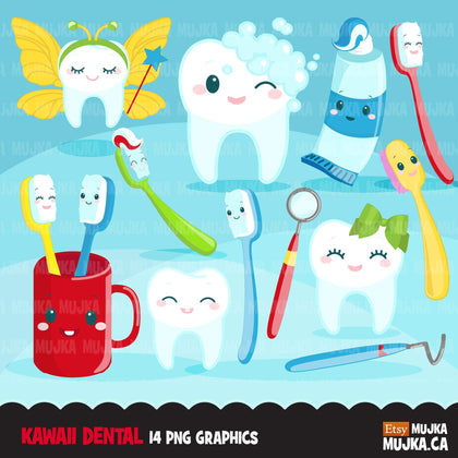 Dental Clipart. Colorful Kawaii tooth, dentist tools