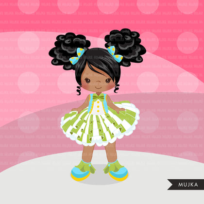 Afro puff Circus Girls Clipart pastel Big top carnival graphics, black tutu girls summer