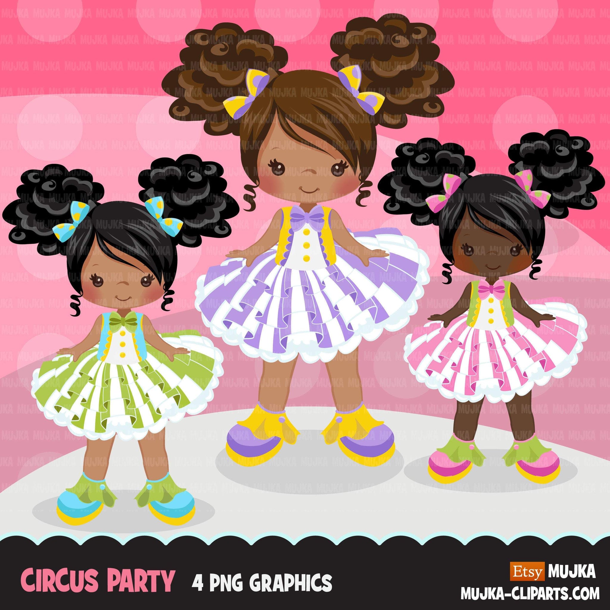 Afro puff Circus Girls Clipart pastel Big top carnival graphics, black tutu girls summer