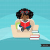 Reading clipart, school activity, homework, student black girl graphics