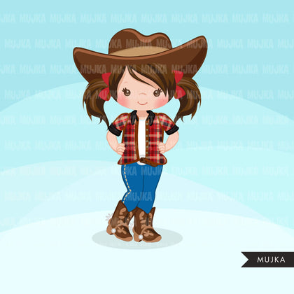 Cowgirls with pigtail clipart, farmer characters country farm graphics, western wild west girl clip art