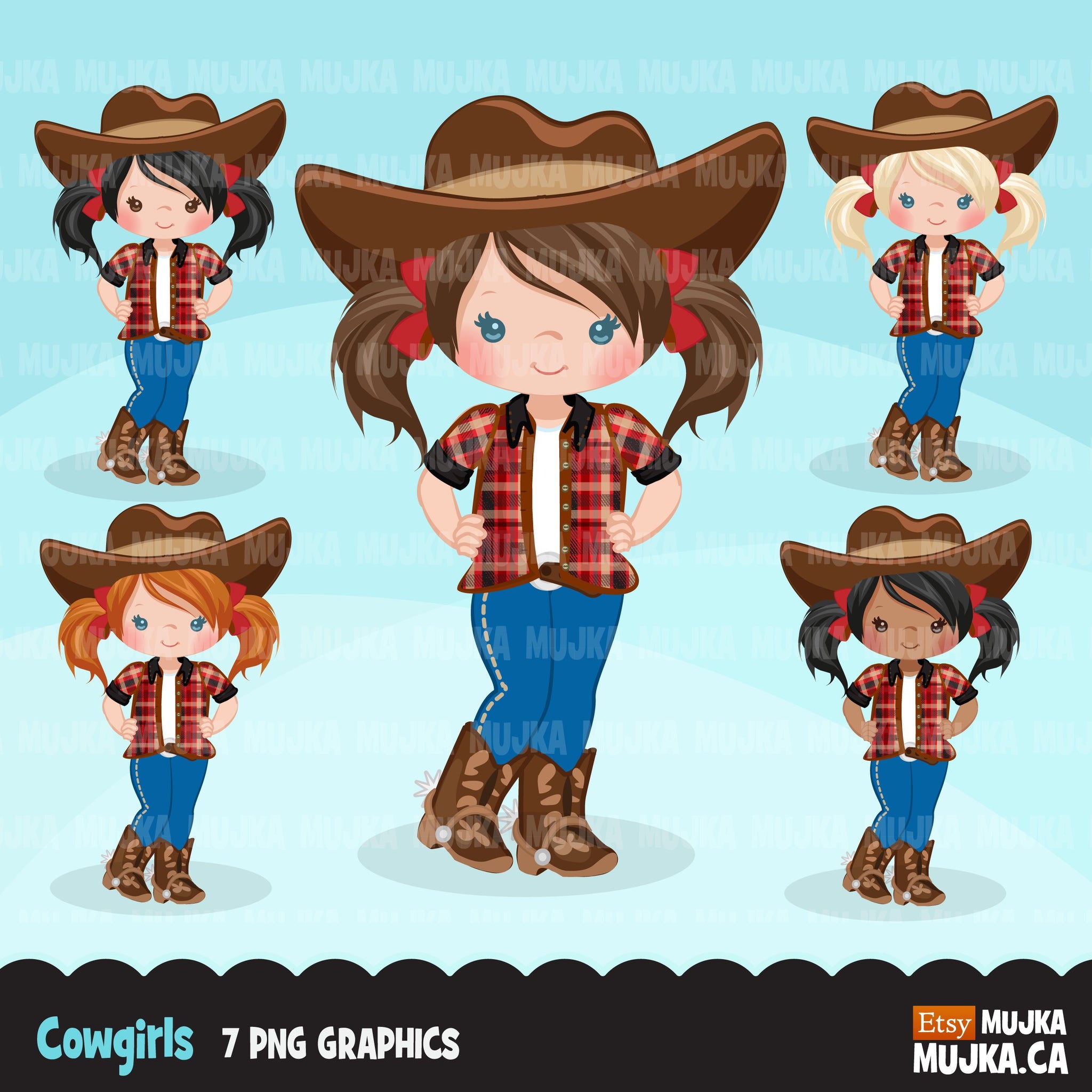 Cowgirls with pigtail clipart, farmer characters country farm graphics, western wild west girl clip art
