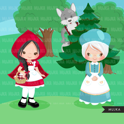 Red Riding Hood Clipart, Cute wolf, woodland, storybook graphics. Boy and girl fairy tale illustrations