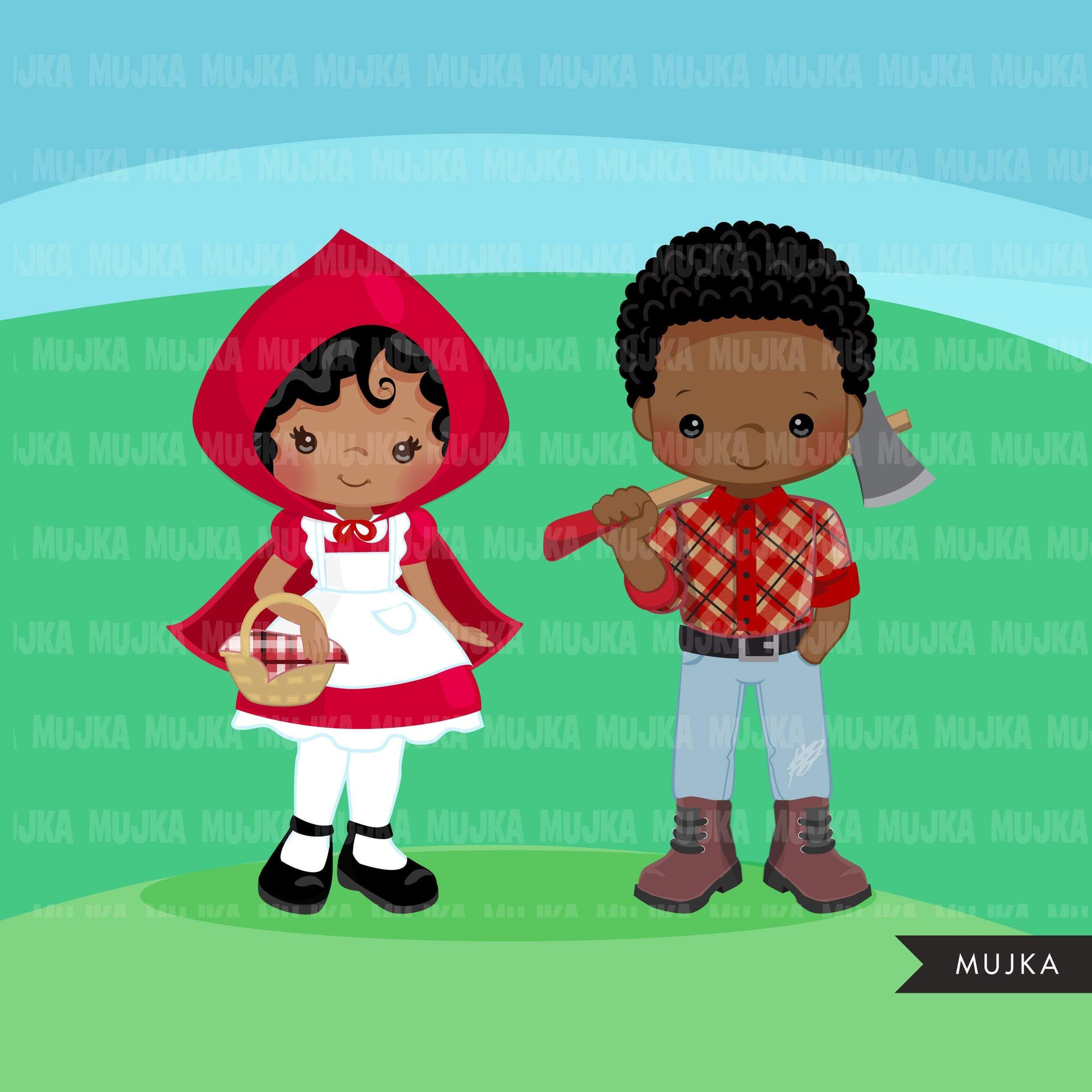 Afro black Red Riding Hood Clipart, Cute wolf, woodland, storybook graphics, Dark skin Boy and girl fairy tale illustrations