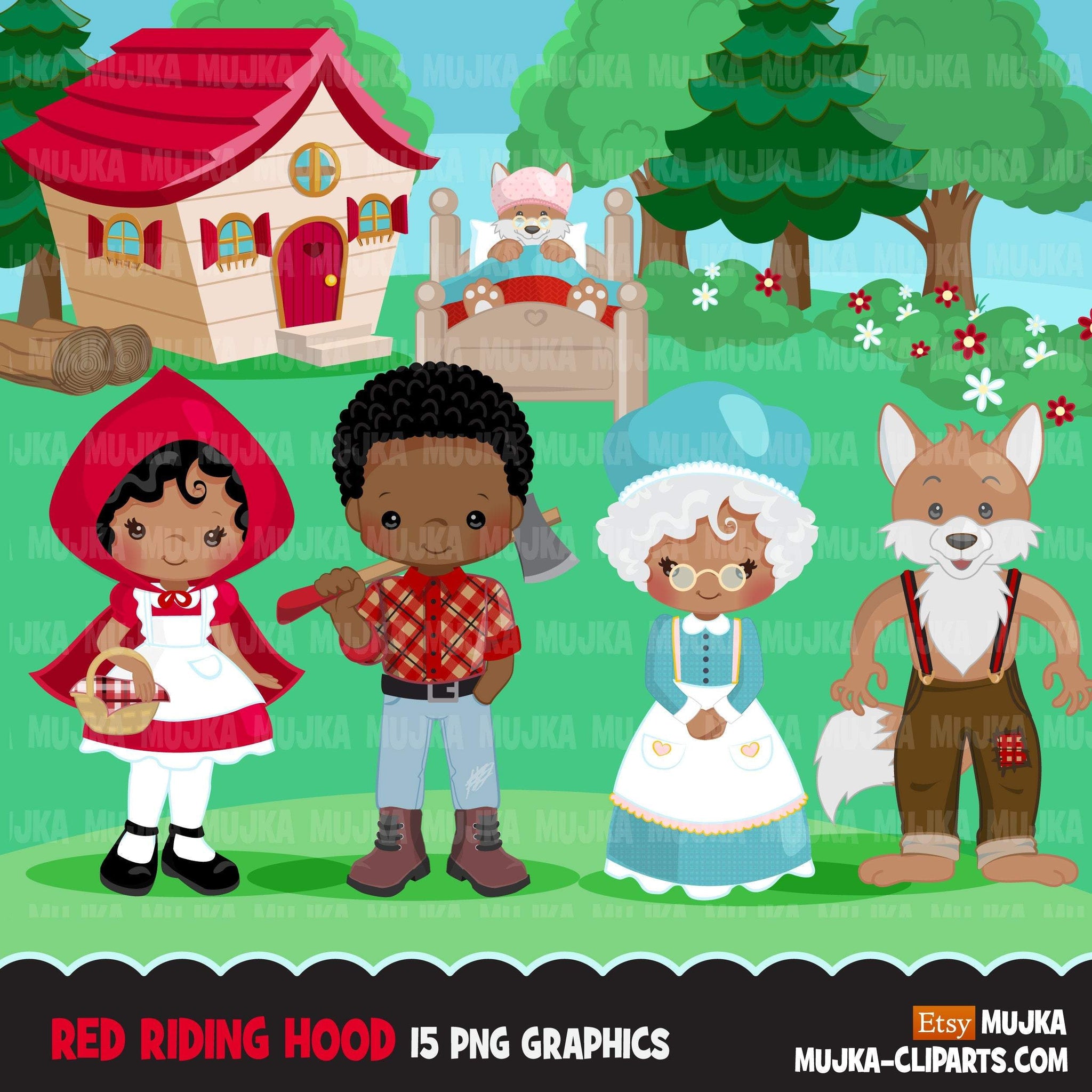 Clipart de Chapeuzinho Vermelho Afro preto, lobo fofo, floresta, gráficos de livro de histórias, ilustrações de conto de fadas de menino e menina de pele escura