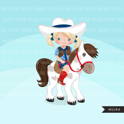 Cowgirl with horse clipart, farmer characters country farm graphics, western wild west girl clip art