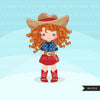 Cowgirls with curly hair and horse clipart, farmer characters country farm graphics, western wild west girl clip art