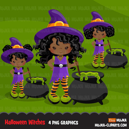 Halloween witch black girls clipart. Afro Cute kids in witch costumes