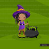 Halloween witch black girls clipart. Afro Cute kids in witch costumes 2