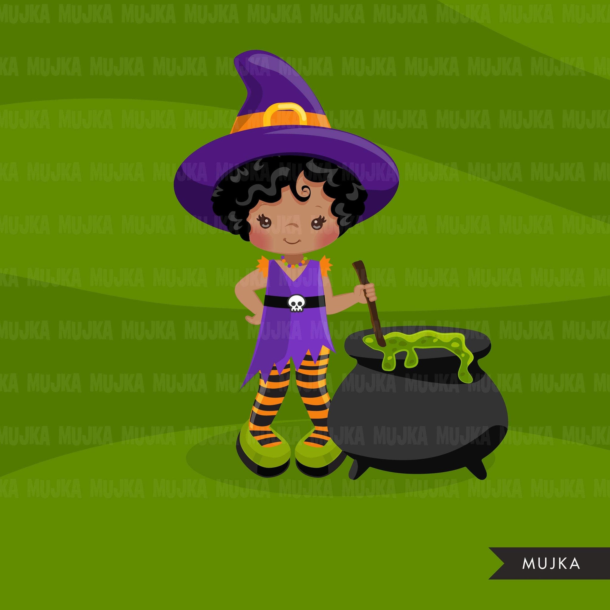Halloween witch black girls clipart. Afro Cute kids in witch costumes 2