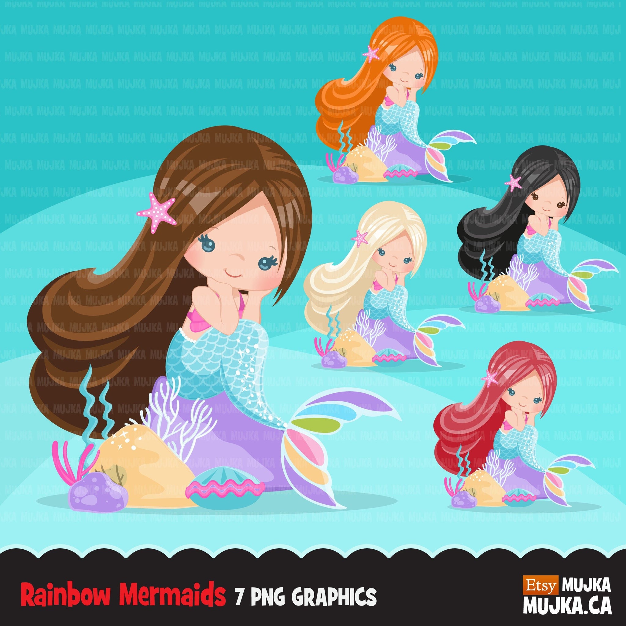Mermaid clipart, pastel mermaid graphics, card making, planner stickers, mermaid princess, birthday party, favors, toppers, summer girl clip art