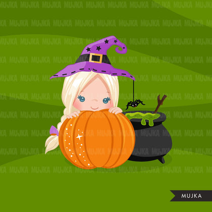 Halloween peek a boo peeking girls clipart.  Cute kids peeking on pumpkin