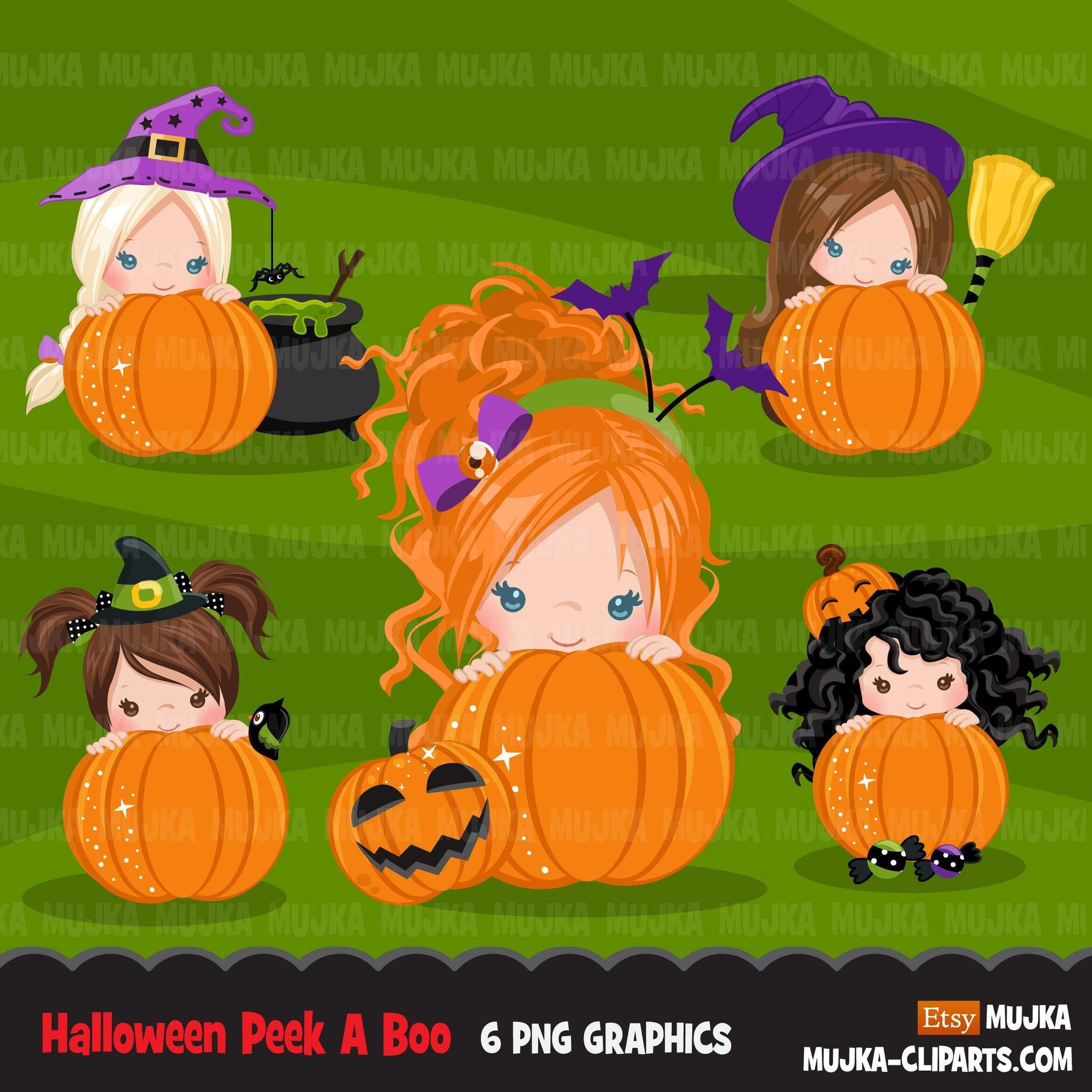 Halloween peek a boo peeking girls clipart.  Cute kids peeking on pumpkin