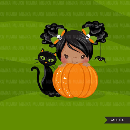 Halloween peek a boo peeking girls clipart.  Afro black Cute kids peeking on pumpkin