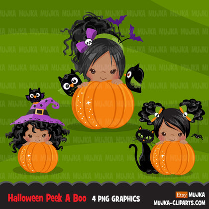 Halloween peek a boo peeking girls clipart.  Afro black Cute kids peeking on pumpkin