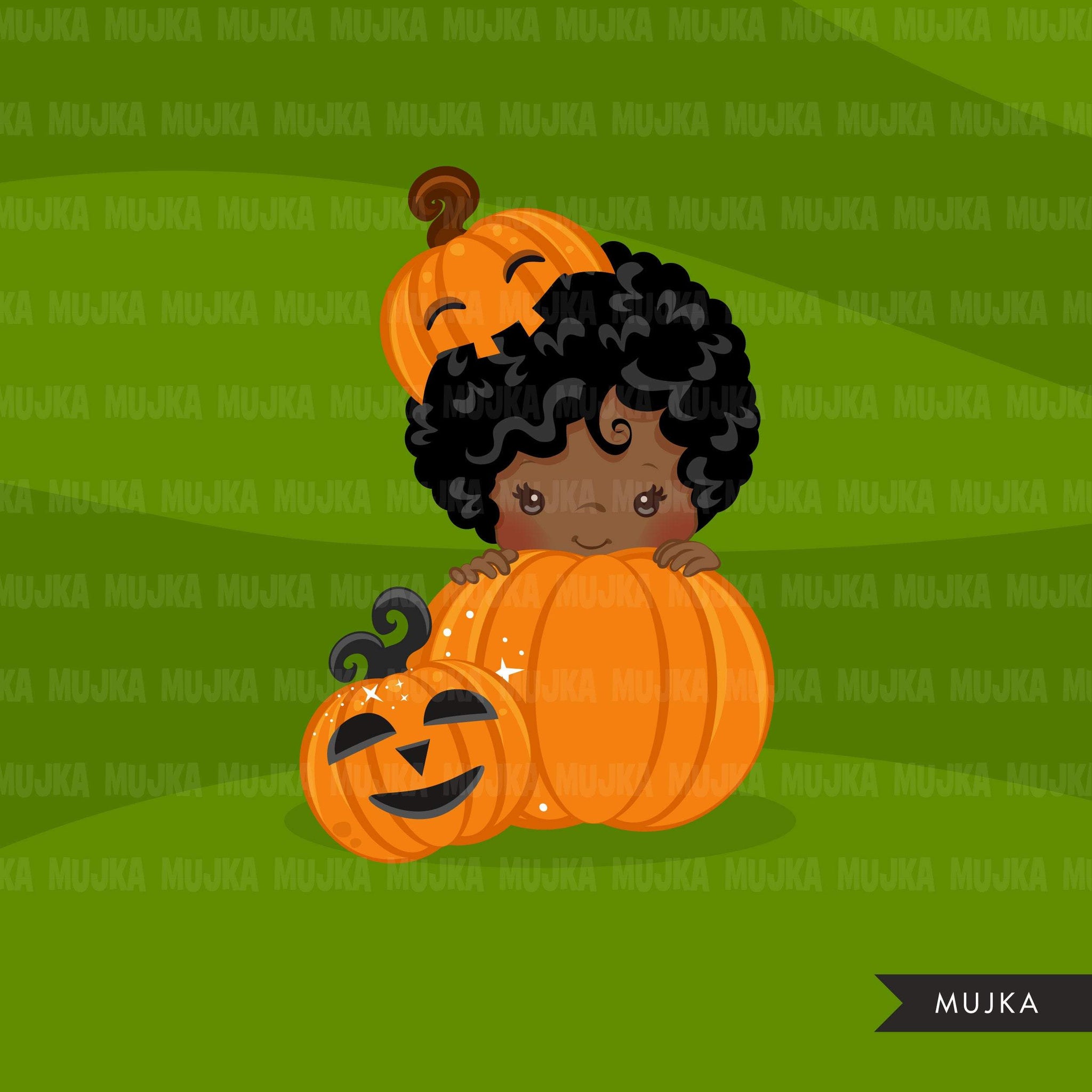 Halloween peek a boo peeking girls clipart.  Afro black Cute kids peeking on pumpkin