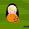 Halloween peek a boo peeking boys clipart.  Cute kids peeking on pumpkin