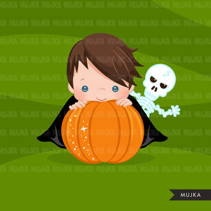 Halloween peek a boo peeking boys clipart.  Cute kids peeking on pumpkin